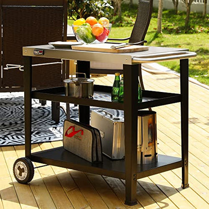 Royal Gourmet PC3404S Rolling Dining Table with Trash Bag Holder, Outdoor Garden Patio BBQ Kitchen Food Prep Table Cart, 34"L x 20"W Stainless Steel Tabletop, Silver & Black | 34"L x20"W Stainless Steel Tabletop | with Removable Trash Bag Holder | Outdoor