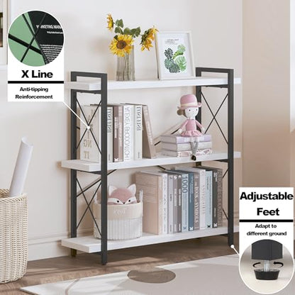HCHQHS Bookshelf, 3-Tier Industrial Bookcase, Open Book Shelf, Freestanding Horizontal Bookshelves with Metal Frame - color: White & Black, size: 3-Tier (35.8"W x 35.8"H)