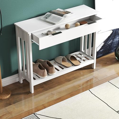 TaoHFE White Narrow Console Table with Drawer Storage Shelf, Modern Wooden Entryway Sofa Table, 39 Inch Slim Behind Couch Table, Side Display Console Table for Living Room,Office,White - color: White