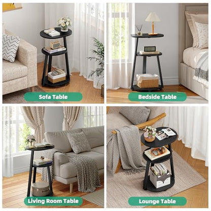 Kalrin Side Table, Small End Table with Metal Frame, 3-Tier Bedside Tables, Round Side Tables for Living Room Bedroom Couch Bathroom, Oval, Pure Black - color: Pure Black