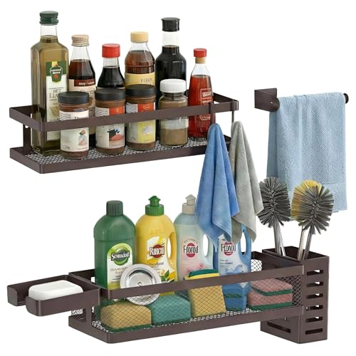 PUSDON 5-in-1 Shower Caddy & Kitchen Organizer Set, Wall Mount Wide Spice Rack with Paper Towel Holder, Utensil Holder, Soap Dish, Rustproof Mesh Baskets Hold 50LBS - Vintage Bronze, Guardrail - color: Vintage Bronze, size: 5-in-1 Minimalist (12.6" Wide)