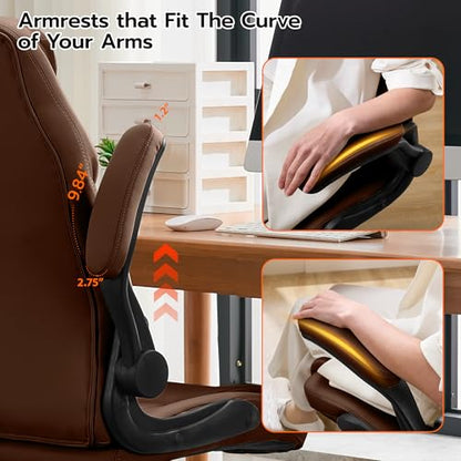 Ylzyxal Office Desk Chair, Ergonomic Computer Chair with Padded Flip-Up Arms and Adjustable Lumbar Support, PU Leather Executive Chair with Tilt Lock and 360° Swivel Rolling Wheels for Work, Study - color: Darkbrown