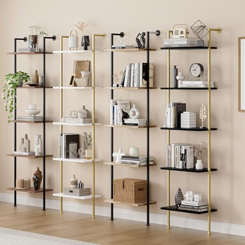 Acovy 5-Tier Bookshelf Solid Wood Ladder Shelf, Narrow Book Shelf Display Shelf, Wooden Bookcase, Wall Mount Ladder Shelf, Storage Rack for Living Room, Bedroom, Bathroom, White and Gold - color: White&gold