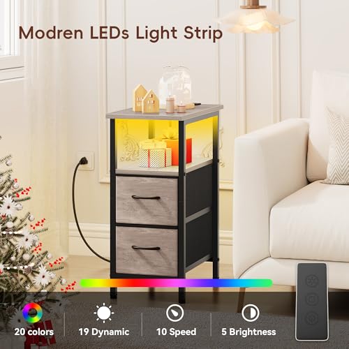 Vagusicc Set of 2 Nightstand with Charging Station and LED Lights, Narrow Side Table, LED Night Stand with 2 Fabric Drawers, Bedside Table Small End Table, Tall Nightstand for Bedroom, Rustic Grey - color: Greige, size: 2, style: With LEDs