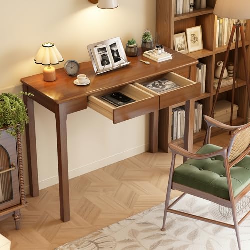 100% Solid Wood Desk with Drawers 39 x 15 Inch Mid Century Modern Desk Vintage Small Writing Wooden Desks for Small Spaces Bedroom, Living Room, Office - color: Walnut, size: 39.4" x 15.7"(Used)