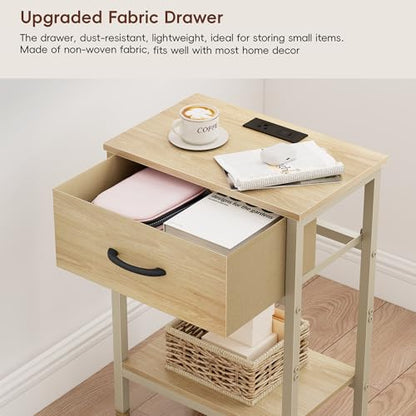 Vagusicc Nightstand with Charging Station, End Table with Fabric Drawer, Small Side Table with 2-Tier Storage Shelves, 25.4" Tall Night Stand, Bedside Table for Bedroom, Living Room, Dorm, Natural - color: Natural (1 Pack)