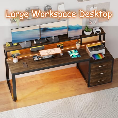 HOMBCK 67" Computer Desk with 3 Drawers, Home Office Desk with Long Monitor Stand and Printer Space, Office Desk with Storage & LED Lights, Writing Desk with Drawers, Black and Walnut - color: Black Walnut