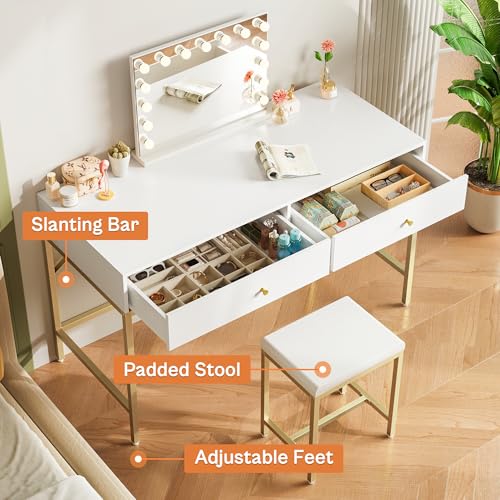 SUPERJARE 43-inch Modern White & Gold Desk - 2 Drawer Vanity | Computer & Home Office Study Desk for Writing & Bedroom - color: Gold and White, size: 43.3 inch