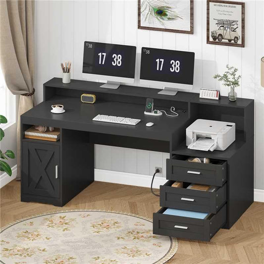 TVU Farmhouse Computer Desk with Drawers, 65'' Home Office Desk with Power Outlets, Storage Cabinet and Printer Stand, Study Writing Desks with Long Monitor Stand, Black - color: Black