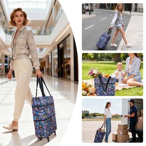 Folding Shopping Bag with Wheels, Small Rolling Folding Grocery Cart on Wheels, Collapsible Wheeled Portable Rolling Tote Bag for Groceries Shopping Cart
