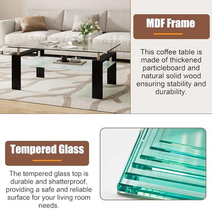 2-Tier Coffee Table with Tempered Glass Top and MDF Frame, Modern Black Rectangular Glass Center Table for Living Room, Apartment, Office, Easy to Assemble - color: Black, size: Coffee Table