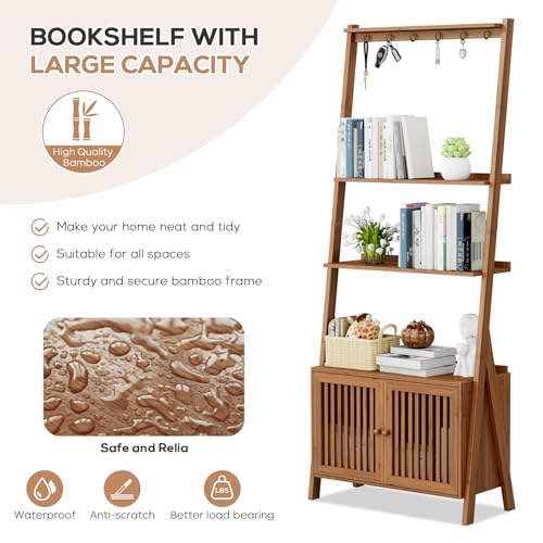 Bookcase with Drawers, 4-Tier Bamboo Bookshelf Ladder Shelf with 6 Hooks, Tall Narrow Retro Book Shelf, 24.8"L x 10.6"W x 59.5"H, Standing Storage Organizer for Living Room, Office, Bedroom, Walnut - color: 4-tier Walnut