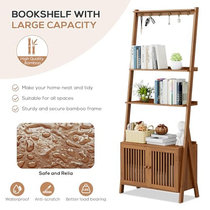 Bookcase with Drawers, 4-Tier Bamboo Bookshelf Ladder Shelf with 6 Hooks, Tall Narrow Retro Book Shelf, 24.8"L x 10.6"W x 59.5"H, Standing Storage Organizer for Living Room, Office, Bedroom, Walnut - color: 4-tier Walnut