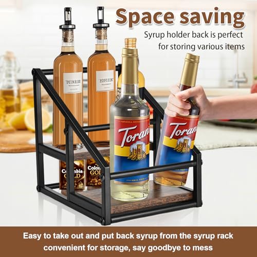 YQBRAO Coffee Syrup Rack Organizer,Liquor Bottle Display Shelf,2-Tier 4 Bottle Stand for Coffee Bar, Kitchen Station, Liquor, Wine, Dressing,Rustic Brown - size: 2 Tier 4 Bottle Syrup Rack - 1 Pack