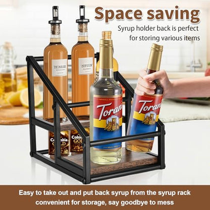 YQBRAO Coffee Syrup Rack Organizer,Liquor Bottle Display Shelf,2-Tier 4 Bottle Stand for Coffee Bar, Kitchen Station, Liquor, Wine, Dressing,Rustic Brown - size: 2 Tier 4 Bottle Syrup Rack - 1 Pack