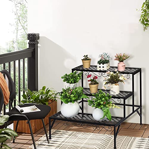 Giantex 3 Tiers Black Metal Plant Stand, Metal Plant Shelf Stands w/ 6-9 Flower Potted Capacity Holders, Multiple Flower Pot Display Rack for Plants Patio Garden Corner Indoor (Rectangular)