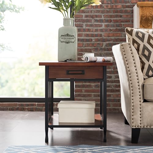 Leick Home Ironcraft End Table, Solid Wood, 1 Storage Drawer, Bottom Display Shelf, Mission Oak, Black Steel Base, Easy Assembly, 22 in W x 24 in H x 24 in D, 11207 - color: Mission Oak