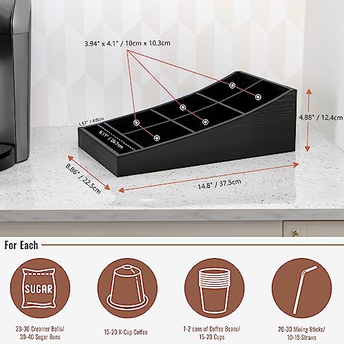 ANBOXIT Coffee Station Organizer for Countertop, Condiment Storage Caddy, Coffee Bar Supplies Organizer for Home, Office and Breakroom - Wooden, Black, 7 Compartment - size: Long & Narrow (7 Compartment)
