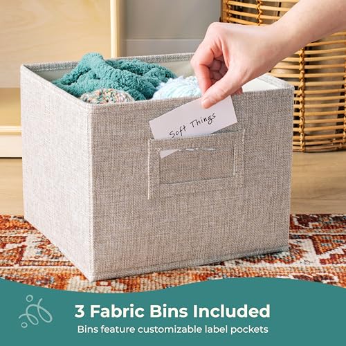 Guidecraft EdQ Two Shelf Open Storage 24'' Natural with 3 Fabric Bins: Wooden Multi-Purpose Bookcases and Toy Storage Organizer; Homeschool and Classroom Furniture - color: Natural