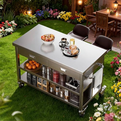 KINGBO 50" Stainless Steel Kitchen Island with Storage, Rolling Kitchen Island Table with 2 Drawers on Wheels, Portable Island Cart for Kitchen, Outdoor, Restaurant, Cafe