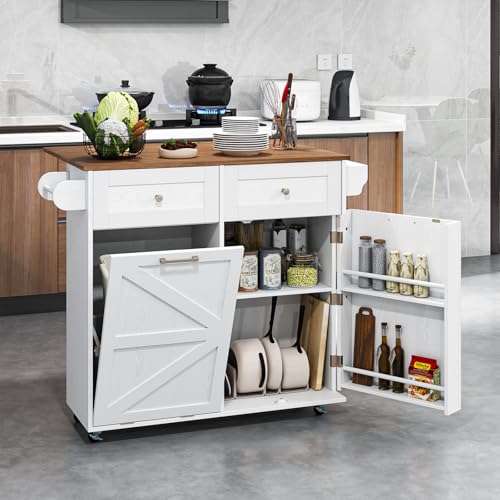 Giantex Kitchen Island Cart with Hidden Tilt Out Trash Can Cabinet, Drop Leaf, 2 Drawers, Towel Rack, Rolling Mobile Breakfast Bar Table, Wood Kitchen Storage Cart on Wheels (White & Natural) - color: White