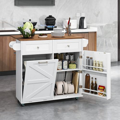 Giantex Kitchen Island Cart with Hidden Tilt Out Trash Can Cabinet, Drop Leaf, 2 Drawers, Towel Rack, Rolling Mobile Breakfast Bar Table, Wood Kitchen Storage Cart on Wheels (White & Natural) - color: White