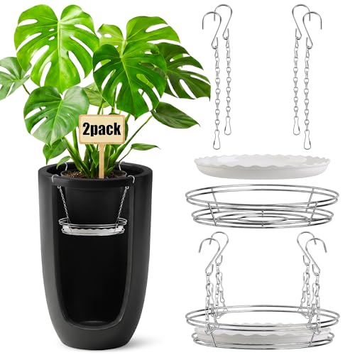 2 Sets Adjustable Planter Inserts for Large Pots, Silver‌ Minimalist Planter Insert with 4 Chain Hooks, Plant Riser Fits 12-18" Tall Planters Pot & Free 8 inch Plant Saucer Drip Trays