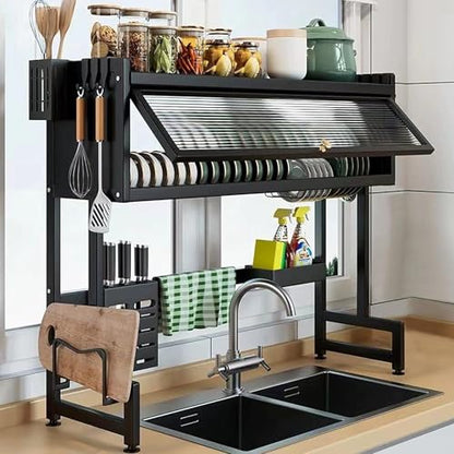 ASIEIT Dish Drying Rack, 3-Tier Over The Sink Dish Drying Rack, 33.5" Over Sink Dish Rack for Small Kitchen, Space-Saving Dish Rack with Cover, Baskets, Utensil, Large Sink Storage Organizer Black