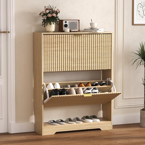 HUANLEGO Shoe Cabinet Storage for Entryway with 2 Flip Drawers, Fluted Shoe Cabinet with Open Storage, Wooden Hidden Shoe Rack Freestanding Narrow Slim Shoe Organizer for Hallway, Entrance - color: Oak, size: 2 Drawer