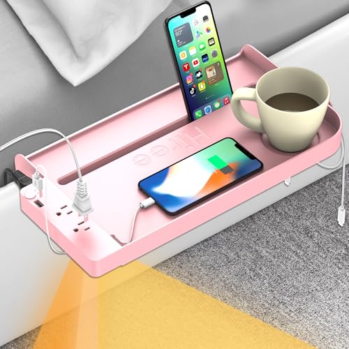 Hiree Bedside Shelf for Dorm Bunk Bed with USB Charging Port and 2 AC Outlets, Bed Side Table Tray Organizer, College Dorm Essential, Clip On Bedside Tray, Cool Teen Girls Trendy Stuff (Pink) - color: Pink
