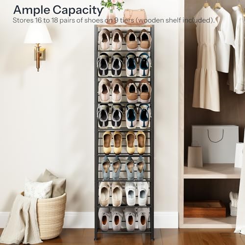 HOOBRO Narrow Shoe Rack for Small Spaces, Slanted Shoe Organizer for Entryway, Slim Angled Shoe Storage Rack for Closet, Space Saving 9 Tier Shoe Shelf Holds 8-16 Pairs, Rustic Brown BF92XJ01 - size: 9 Tier ( 60.6"H)