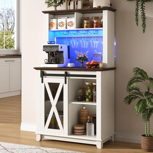 31.5"Wide Farmhouse Coffee Bar Cabinet with LED Light,Wine Bar Cabinet w/2 Storage Hutch,Kitchen Buffet Cabinet w/Sliding Barn Door & Wine and Glass Racks for Kitchen Dining Room(Antique White) - color: Antique White, size: 31.5 in