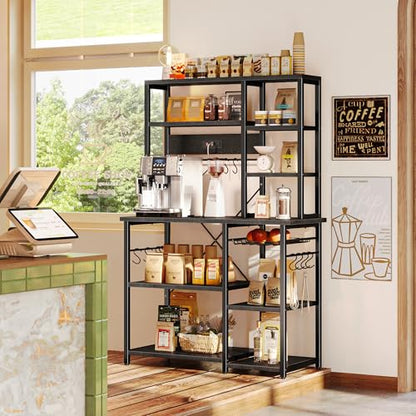 SUPERJARE Large Bakers Rack with Power Outlets, 6-Tier Microwave Stand, Coffee Bar with 12 S-Shaped Hooks, Kitchen Shelf with Wire Basket, 39.4 x 14.6 x 66.9 Inches, Black - color: Black, size: 39.4inch