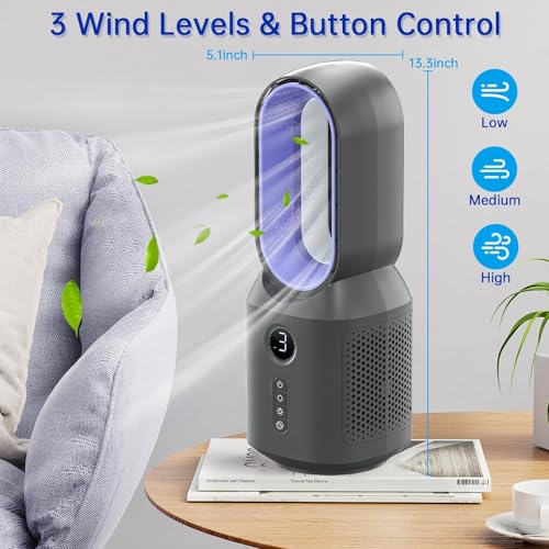 Desk Fan,13 Inch Portable Bladeless Fan, Small Quiet Office Fan with 106° Oscillating, 3 Speeds & Night light, LED Display,Button Control, Personal Battery Operated Table Fan for Bedroom, Office, Home - color: Purple