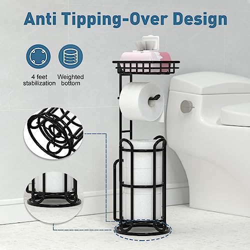 [Upgrade] Toilet Paper Holder Stand with Shelf Tissue Holders for Bathroom Free Standing Bath Tissue Roll Holder Magazine Rack for Mega Rolls/Phone/Wipe-Black - color: C-black