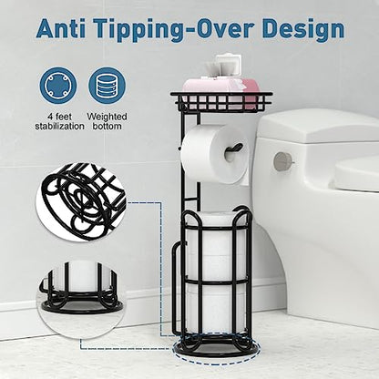 [Upgrade] Toilet Paper Holder Stand with Shelf Tissue Holders for Bathroom Free Standing Bath Tissue Roll Holder Magazine Rack for Mega Rolls/Phone/Wipe-Black - color: C-black