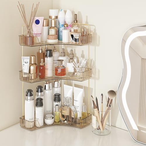 Webetop Countertop Bathroom Organizer 3 Tier Corner Organizer for Bathroom Counter Storage Makeup Organizer Shelf for Skincare, Cosmetic, Dresser, Toiletries Amber - color: Amber, size: 3 Tier without brush holder