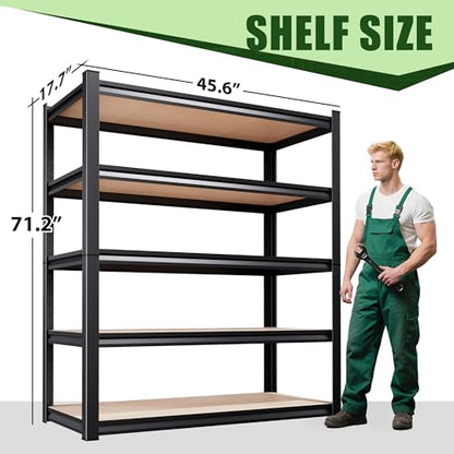 71.2" H Garage Shelving 5T Storage Shelves, Metal Adjustable Shelving Unit, Utility Garage Organizer Shelf for Basement, Pantry, Kitchen, Warehouse, 46" Wx18 Dx71.2 H, Black - size: 5-Wood-17.7"Dx45.6"Wx71.2"H