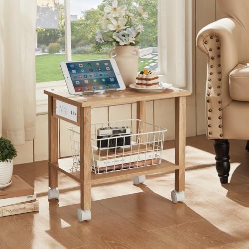 YUFAM 2 Tier Under Desk Printer Stand with Charging Station, Natural | Wooden Small Printer Table for Home Office, Rolling Printer Cart Shelf with Lockable Wheels - color: Wood, size: 11.8"D×15.7"W×15.3"H(With USB)