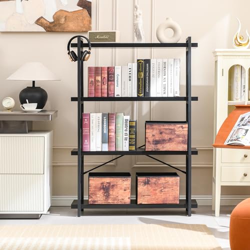 HCHQHS Bookshelf, 4-Tier Industrial Bookcase, Black Open Book Shelf, Freestanding Tall Bookshelves with Metal Frame - color: Ebony Black, size: 4-Tier (35.8"W x 51.2"H)