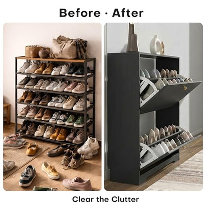 Nicetree Shoe Cabinet with 2 Flip Drawers, Narrow Shoe Organizer Cabinet, Freestanding Shoe Rack Cabinet, Modern Shoe Storage Cabinet for Entryway, Hallway, Foyer, Black with Hook - color: Black, style: 2-Drawers with Hook