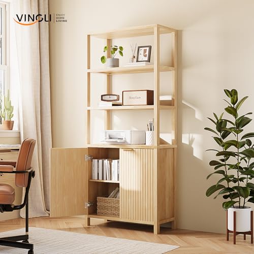 VINGLI Bookcase with Fluted Doors, 71" Wood Storage Cabinet with Adjustable Shelves, 6-Tier Display Cabinet Bookshelf for Study, Living Room, Home Office, Kitchen Pantry, Oak - color: Nature Oak