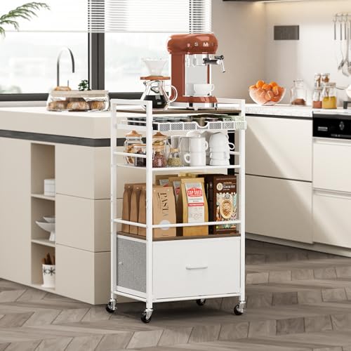 Coffee Bar Cabinet with Storage，5 Tier Coffee Station Table on Wheels, 33.6" H Cart with Drawer for Home Kitchen, Liquor Buffet Sideboard Cabinet (Modern White) - color: White
