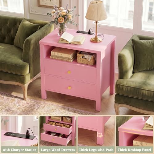 Aheaplus Nightstand with Charging Station, 23.6'' Large Bed Side Table with Wooden 2 Drawers, Night Stand for Bedroom, End Table with Open Storage Shelf for Living Room, Set of 2, Pink - color: Pink