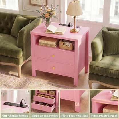 Aheaplus Nightstand with Charging Station, 23.6'' Large Bed Side Table with Wooden 2 Drawers, Night Stand for Bedroom, End Table with Open Storage Shelf for Living Room, Set of 2, Pink - color: Pink
