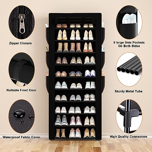 OYREL Large Shoe Rack, Black, 6 Side Pockets, 23.6" Wide x 11.4" Deep x 68.9" Tall, 36-41 Pairs of Shoes - color: Black, size: 10Tier 23.6"W