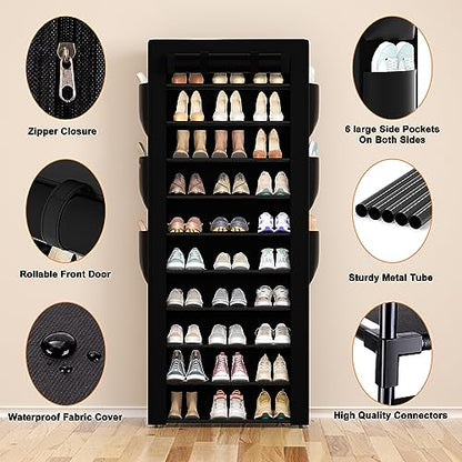 OYREL Large Shoe Rack, Black, 6 Side Pockets, 23.6" Wide x 11.4" Deep x 68.9" Tall, 36-41 Pairs of Shoes - color: Black, size: 10Tier 23.6"W
