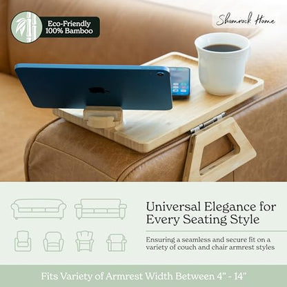 Shamrock Home Bamboo Couch Arm Table with Device Holder, Clip On Tray. for TV Dinners, Remotes, Drinks, Snacks and Small Spaces (Rectangular with Device Holder, Beige, Regular 13.75 x 9.5) - color: Beige, size: Regular 13.75 x 9.5", style: Bamboo Rectangu