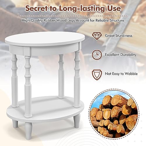 Giantex Oval End Tables Set of 2, 2-Tier Side Tables with Storage Shelf & Solid Wood Legs, Modern Living Room Accent Table, Wood Nightstand for Bedroom, Small Space, 20.5"L x 15.5"D x 24.5"H, White - color: White