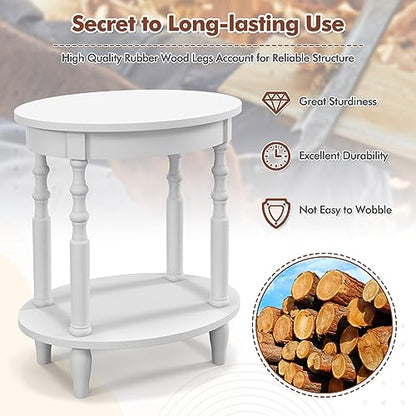 Giantex Oval End Tables Set of 2, 2-Tier Side Tables with Storage Shelf & Solid Wood Legs, Modern Living Room Accent Table, Wood Nightstand for Bedroom, Small Space, 20.5"L x 15.5"D x 24.5"H, White - color: White
